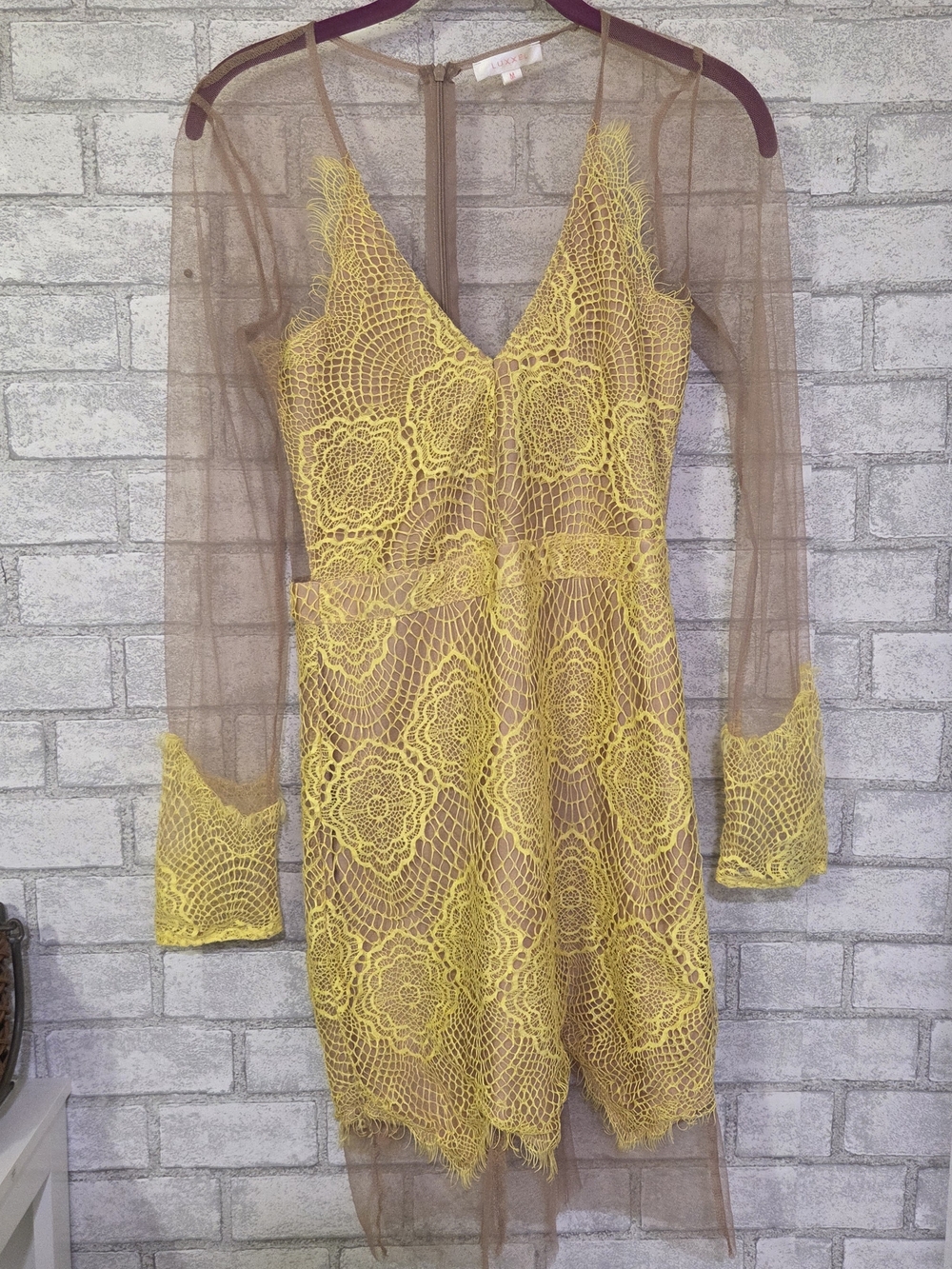 Luxxel Yellow Lace Long-Sleeve V-Neck Overlay Dress